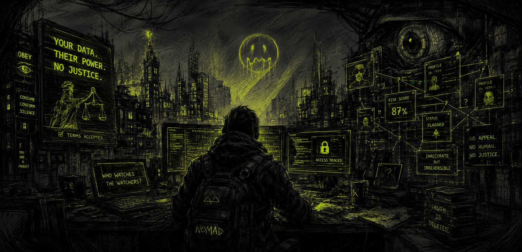 A nomad at a wall of terminals, watched by the machine